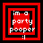 Red and black layered square frames with white text "im a party pooper :/" on red background, four variations showing different frame layering patterns.