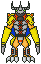 Pixel art character with yellow limbs, blue chest accents, red X-shaped patterns on torso, green eyes, and black-and-white headgear against gray background.