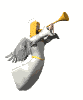 Animated angel figure in white robe with gold trim, gray wings, and golden trumpet against plain background.