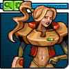 Pixel art of a female character with long blonde hair in a ponytail, wearing an orange and red armored outfit against a blue background.