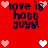 Red background with pixelated text 'love is hot guys!' surrounded by pink and white heart icons in various positions.