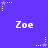 Pixelated blue background with white text 'Zoe' repeated in a pattern, surrounded by small white and purple star icons with trailing dots