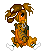 Pixelated cartoon character with brown hair in pigtails, orange face and body, wearing a patterned outfit with white accents, sitting on a white background.