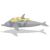 Gray dolphin with yellow and blue saddle markings swims left to right across white background, casting a light gray shadow.