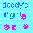 Pixelated blue text reads "daddy's lil' girl!" with three pink pixel-art hearts on a light cyan checkered background.