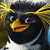 Pixelated cartoon bird with black body, yellow beak, and white eyes, wearing a golden crown-like headpiece against a blurred background.