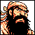 Pixelated 50x50 static icon of a bearded character with long hair, orange highlights, and black facial features against a gray background.