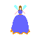 Pixelated fairy avatar with brown hair, light blue wings, and blue dress with orange trim, shown in five sequential poses.