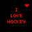 Red pixelated text "I LOVE HOCKEY" on black background with animated red heart and red dot cluster symbols.