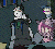 Pixelated animation of two anime-style characters in a dark setting, one with pink hair and the other in white clothing performing sequential movements.