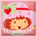 Pixelated cartoon icon of a character with red hair and a strawberry-themed hat against a pink background with floral patterns.