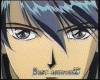 Anime-style character face with blue hair, changing expressions across five , text below mouth in each frame