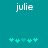 Two identical teal backgrounds with white lowercase text 'julie' at top and five cyan puzzle-piece icons below, differing in horizontal spacing between the pieces.