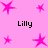 Pink background with multiple pink star shapes and four instances of the text 'Lilly' in black pixelated font.