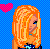Pixel art icon of a blonde woman with long hair, blue eyes, and a pink heart symbol on a blue checkered background.