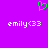 Green pixelated heart symbol above white text 'emily<33' on solid purple background.