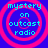 Four identical circular icons with pink concentric rings on a blue background, each containing cyan text reading 'mystery on outcast radio' in pixelated font.