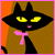Black cat with yellow eyes and pink bow against orange-brown background, showing animation changes in eye shape and mouth expression.