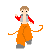 Pixel art character in orange pants and red sleeves with four distinct poses showing arm and leg positions.