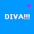 Blue background with four white 'DIVA!!!' text blocks and pink pixelated symbols at top-left, top-right, and center.