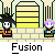 Pixel art animation of two characters in orange and teal outfits performing a fusion sequence with text labels, background shows arched doors and potted plants.