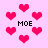 Pixelated pink background with scattered red hearts and repeated black text 'MOE' in four locations.