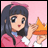 A pixelated anime-style character with dark hair and a pink headband holds an orange star-shaped object against a light pink background, next to stylized text on black.