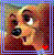 Pixelated close-up of a character with large eyes and an open mouth, framed by blue border with red accent.