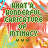 Green text reading 'WHAT'S WONDERFUL ABOUT INTIMACY' appears over a colorful abstract background with red, orange, yellow, and blue brush strokes.
