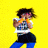 A person in a white graphic t-shirt and blue pants performs three distinct poses against a bright yellow background, transitioning from standing to jumping to crouching.