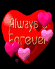 Red heart-shaped icon with 'Always & Forever' text and floating pink hearts, animated on black background.