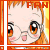 Pixelated cartoon character with large brown eyes, pink cheeks, and orange hair; red 'FAN' text above head on yellow background.