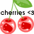 Pixelated cherry icon with two red cherries, green stems, and a leaf above text reading 'cherries <3' in black block letters.