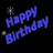 Pixelated blue text on black background with scattered star-like shapes, displaying multiple birthday-themed phrases in varying fonts and orientations.