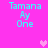 Pixelated cyan text "Tamana Ay One" on bright pink background with animated heart symbols appearing and disappearing.
