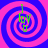Four identical spiral patterns with alternating pink and blue rings, each containing green text elements arranged vertically.
