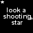 Black background with white pixelated text 'look a shooting star' and animated stars in various positions across three