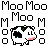Pixelated static icon featuring a cow with multicolored spots and pink mouth, surrounded by repeated "Moo Moo" text in blocky font on white background.