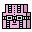 Four distinct pixel-art cityscape layouts in pink, light blue, and black on gray background, each with unique building and road patterns.