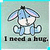 Pixelated cartoon character with blue-gray body, pink inner ears, and white face sits against light green background with text 'I need a hug.' below.