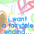 Pixelated blue text on a white background with colorful abstract shapes, displaying phrases about wanting a fairytale ending.