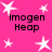 A bright pink background features white star shapes and repeated black text reading "Imogen Heap" in a pixelated font across four quadrants.