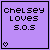 Purple square icon with black text "Chelsey Loves S.O.S" and animated heart count increasing from one to nine hearts.