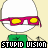 identical cartoon heads wearing pink sunglasses with yellow lenses, each head has a green collar and the text 'STUND USION' below it on a light beige background