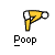 Yellow cartoon figure in bent-over pose with white hands, brown poop particles below, and 'Poop' text beneath each instance on gray background.