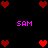 Pixelated red hearts and pink text 'SAM' arranged in a on black background with no visible animation changes