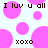 Pixelated image with pink circles and brown text reading 'I luv u all' and 'xoxo' on a light background.