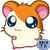 Pixelated cartoon hamster with orange fur, pink inner ears, large blue eyes, and a small red mouth holding a blue object.