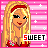 Pixelated cartoon woman with long blonde hair and red headband, wearing red dress with green accents, against pink striped background with white stars.
