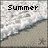 A pixelated beach scene with waves and sand, featuring text overlays that change across frames.